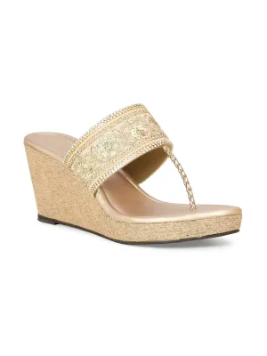 Women Rose Gold Embellished Ethnic Wedge Heel