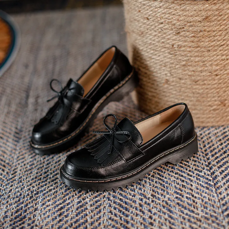 Womens British Style Retro Loafers With Bow Tassel