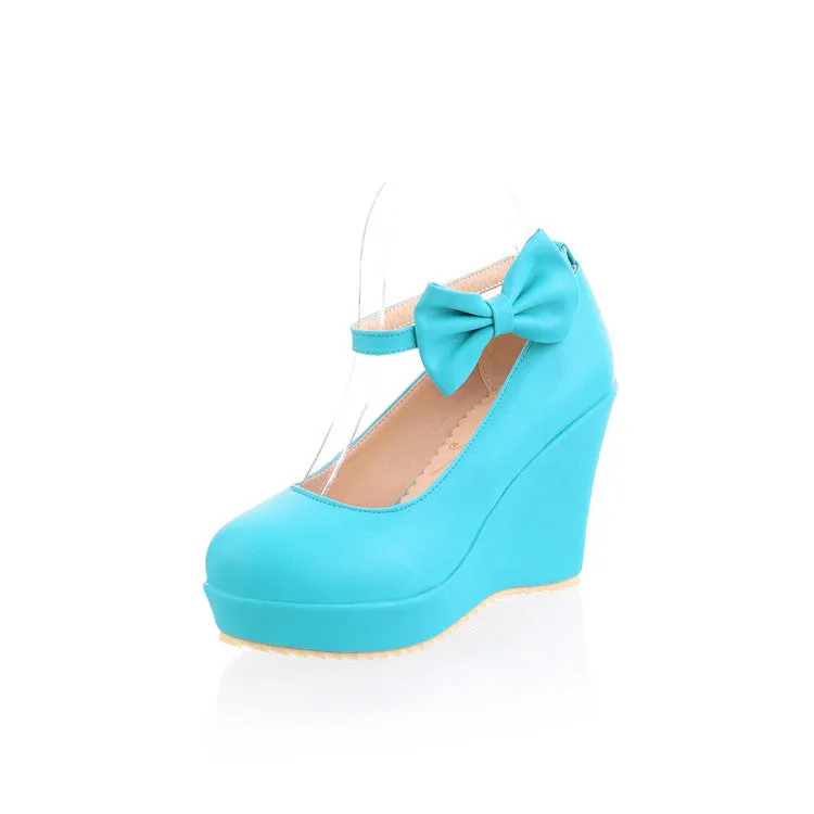 Women's Heels Ankle Strap Bowtie Platform Wedges Shoes