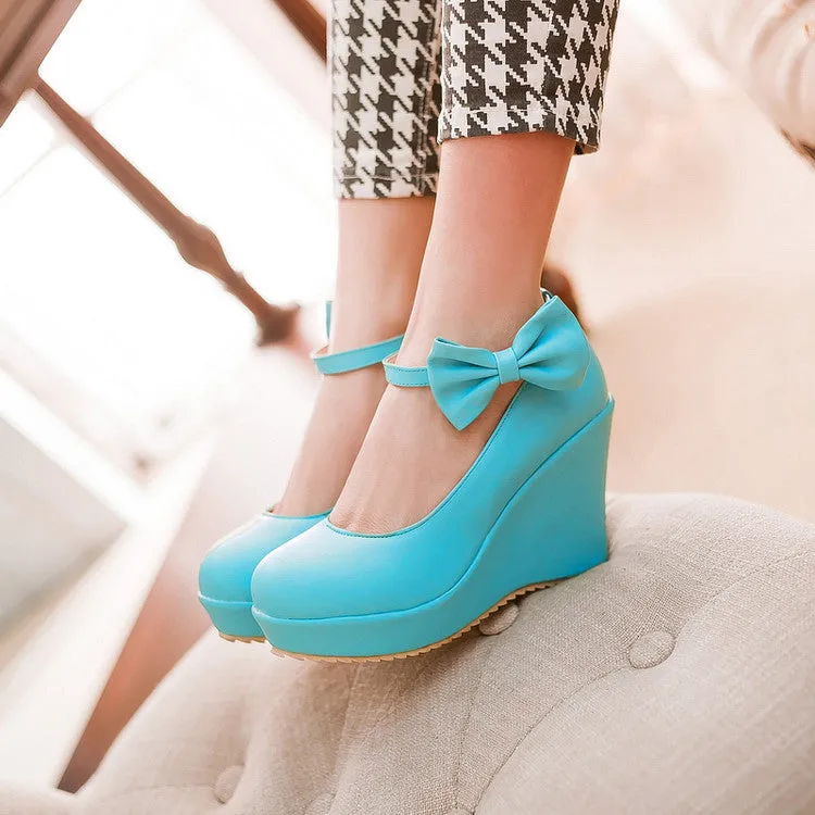 Women's Heels Ankle Strap Bowtie Platform Wedges Shoes