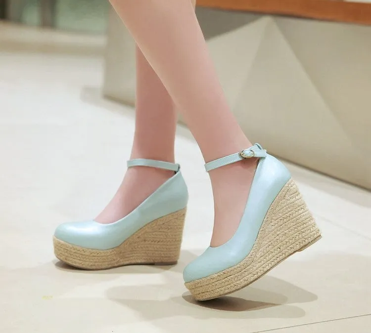 Women's Pumps Candy Color Pu Leather Round Toe Woven Wedge Heel Platform Shoes