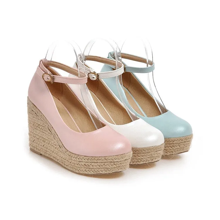 Women's Pumps Candy Color Pu Leather Round Toe Woven Wedge Heel Platform Shoes