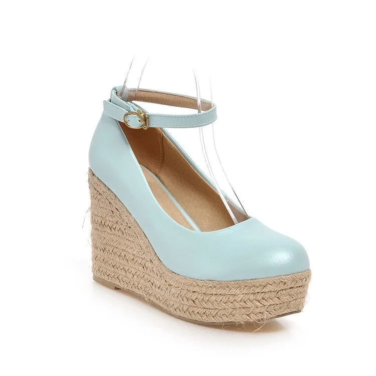 Women's Pumps Candy Color Pu Leather Round Toe Woven Wedge Heel Platform Shoes