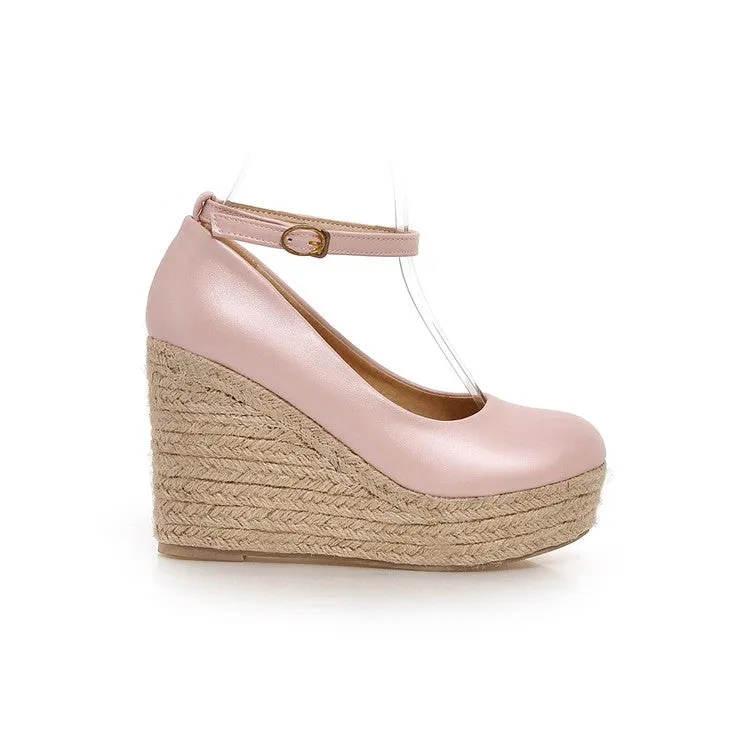 Women's Pumps Candy Color Pu Leather Round Toe Woven Wedge Heel Platform Shoes