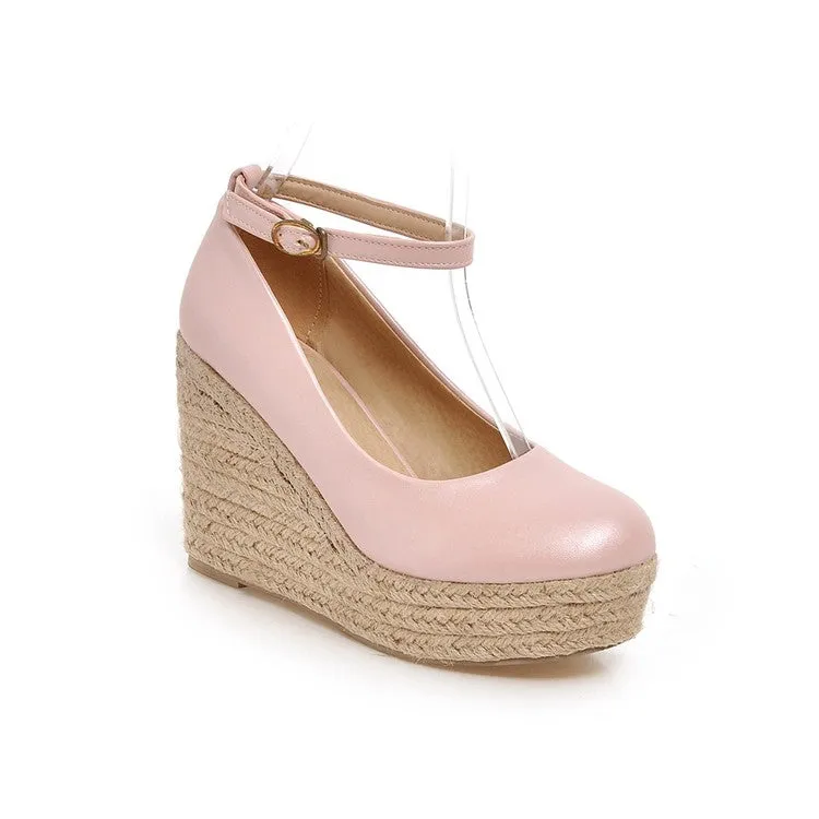 Women's Pumps Candy Color Pu Leather Round Toe Woven Wedge Heel Platform Shoes