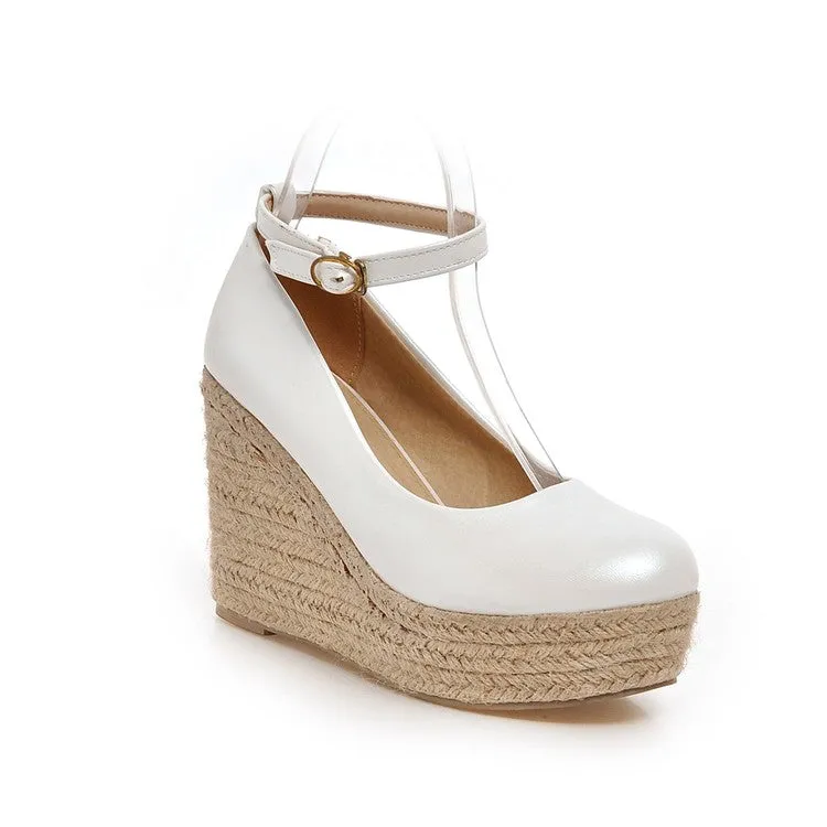 Women's Pumps Candy Color Pu Leather Round Toe Woven Wedge Heel Platform Shoes