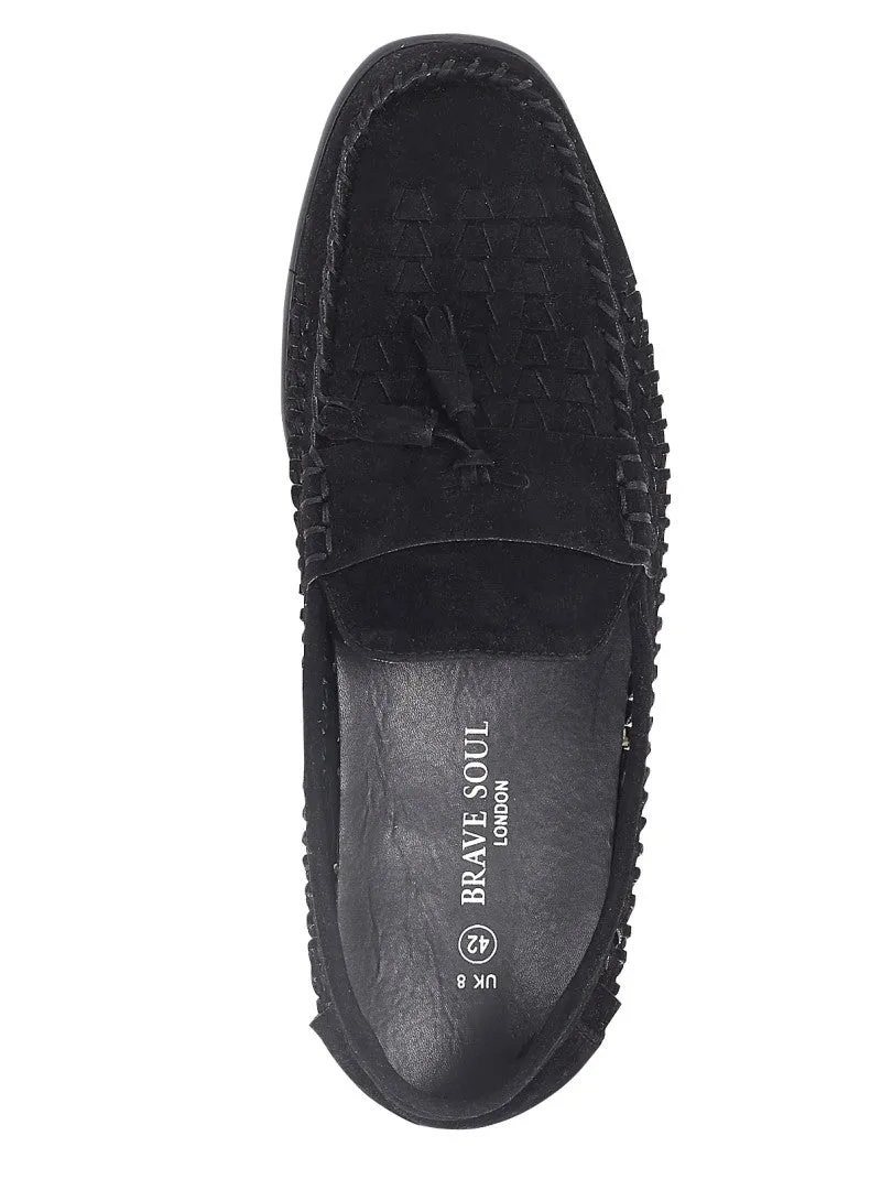 WOVEN DETAIL BLACK FAUX SUEDE LOAFERS