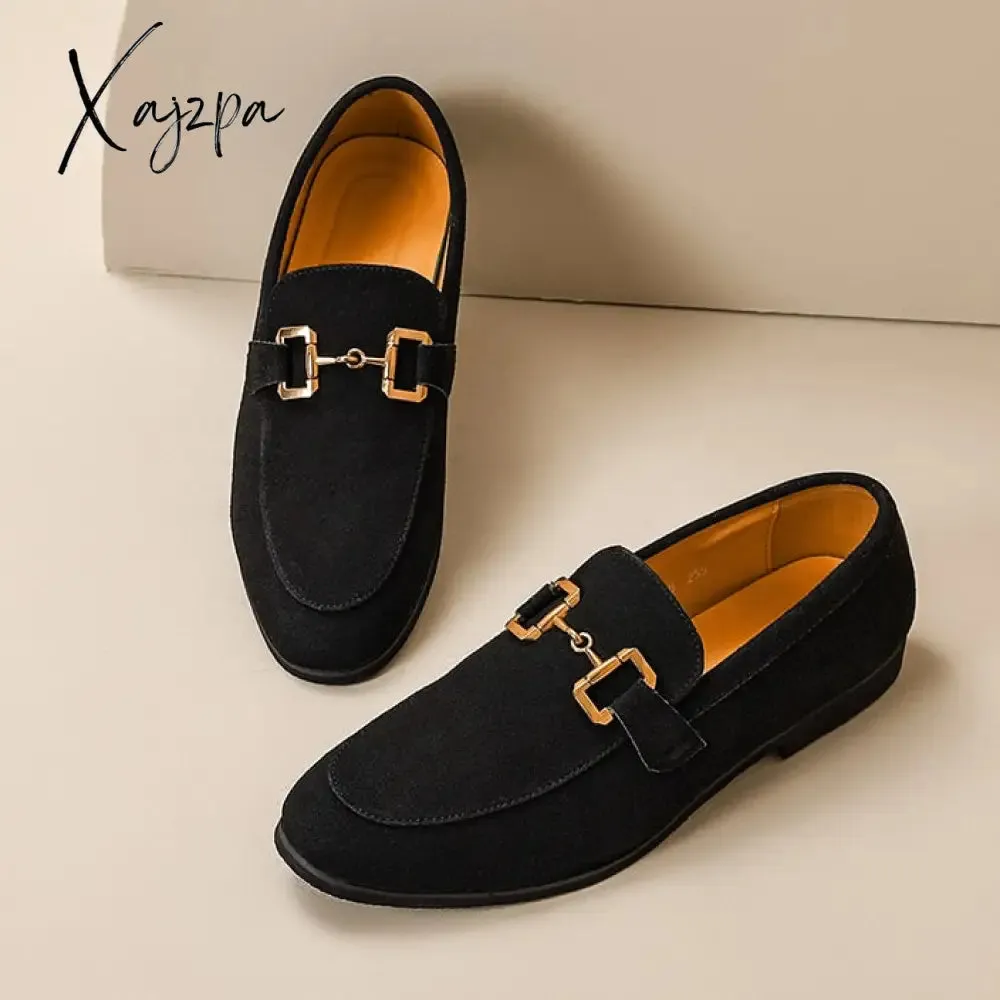 Xajzpa - New Loafers Metal Decoration Slip-On Breathable Wedding Black Pu Leather Size 38-46 Handmade Mens Loafers