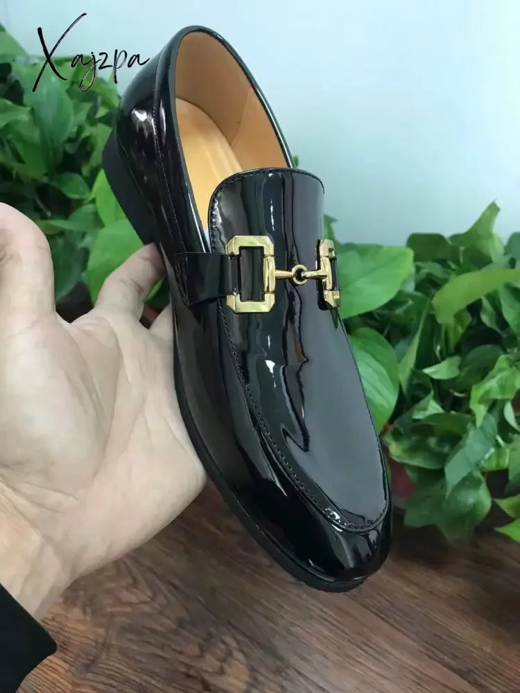 Xajzpa - New Loafers Metal Decoration Slip-On Breathable Wedding Black Pu Leather Size 38-46 Handmade Mens Loafers