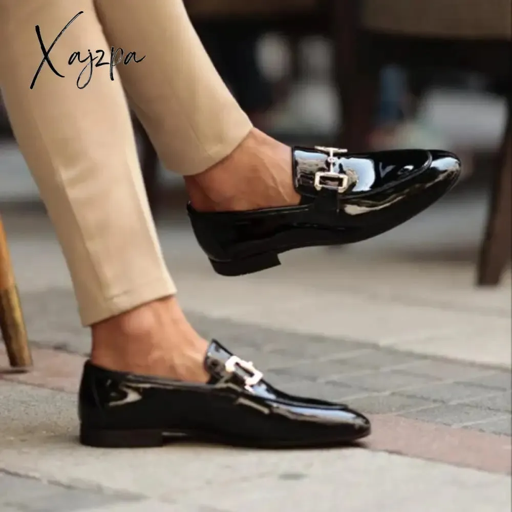 Xajzpa - New Loafers Metal Decoration Slip-On Breathable Wedding Black Pu Leather Size 38-46 Handmade Mens Loafers